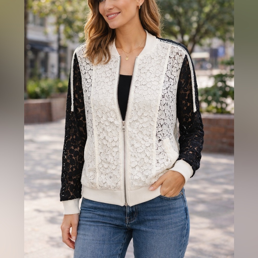 INC International Concepts Lace Bomber Jacket Black and White